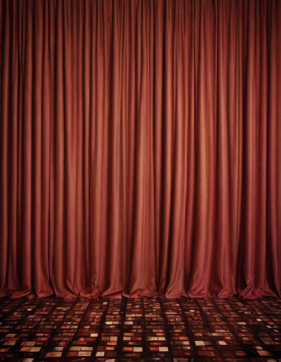 An artistic interpretation of a mysterious cinema hall, with dim lighting casting shadows on vintage film reels. In the foreground, a shimmering curtain made of silk subtly reveals intimate moments from various films, inviting the viewer to explore deeper themes of intimacy and desire. Soft, warm colors blend with hints of sensual reds and purples to evoke a sense of allure and intrigue. The atmosphere is enriched with playful motifs of film strips and hearts entwined, representing the convergence of passion and storytelling. super-realistic. warm colors. cinematic style.