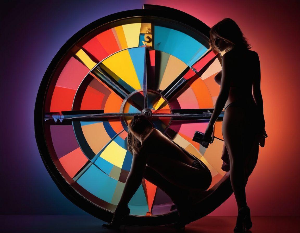 An abstract representation of adult entertainment, featuring bold colors and suggestive silhouettes in an alluring and artistic manner. Include elements symbolizing exploration and freedom, like a compass and keys, intertwined with film reels and digital icons. The background should evoke a sense of depth and intrigue, hinting at the vastness of the adult industry. Emphasize a modern and edgy vibe to reflect the uncensored theme. vibrant colors. abstract art. deep shadows.