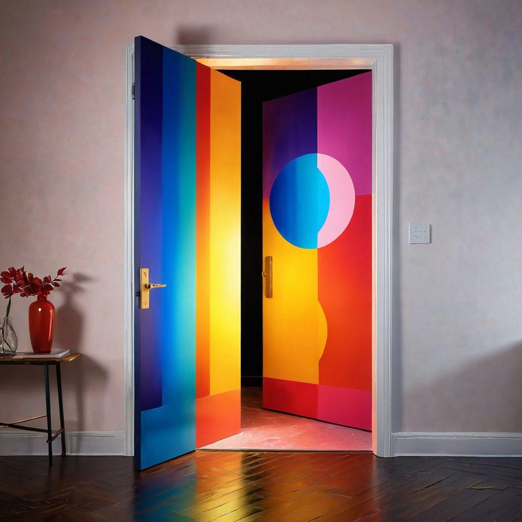 A mysterious door slightly ajar, revealing a glow of colorful abstract shapes and silhouettes representing sensuality, intertwined with subtle hints of adult themes. The foreground features silhouettes of a couple exploring the space, embodying curiosity and desire. The scene is bathed in warm, inviting light that invites exploration while maintaining an air of intrigue. super-realistic. vibrant colors. soft focus.